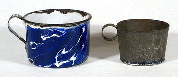 TWO PRIMITIVE ANTIQUE CUPS, ONE ENAMELED, 19TH - EARLY 20TH CENTURY