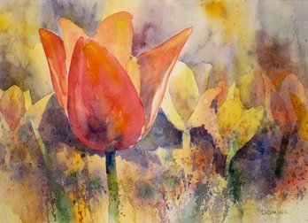 MICHAEL DOMINA (AMERICAN, 20TH - 21ST CENTURY): 'TULIPS,' FRAMED WATERCOLOR ON PAPER