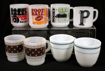 TWELVE VINTAGE GLASS COFFEE MUGS, INCLUDING FIRE-KING, GLASBAKE, FEDERAL, ETC., 1960s - 1970s