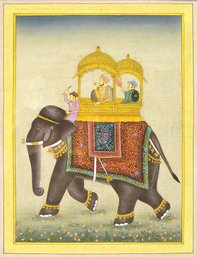 VINTAGE MUGHAL/RAJASTHANI PAINTING WITH FIGURES AND ELEPHANT, INDIA, 20TH CENTURY
