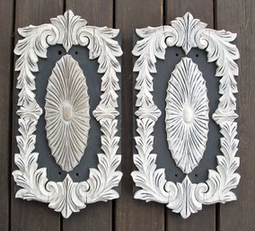 VINTAGE PAIR OF CARVED WOODEN ARCHITECTURAL PANELS IN BLACK AND WHITE PAINT