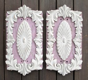 VINTAGE PAIR OF CARVED WOODEN ARCHITECTURAL PANELS IN PINK AND WHITE PAINT