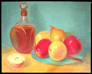 ELLEN SABINE (AMERICAN, MID 20TH CENTURY): 'STILL LIFE WITH FRUIT AND BOTTLE,' CIRCA 1940s - 1950s