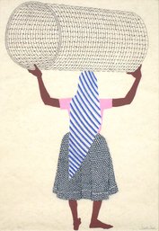 JUDITH SHAHN (AMERICAN, 1929 - 2009): 'WOMAN WITH BASKET,' LARGE SIGNED COLOR SILKSCREEN, CIRCA 1970s