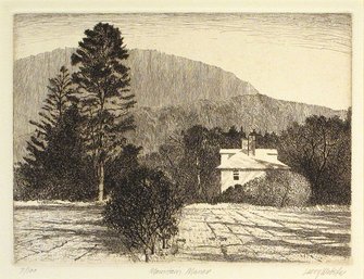 LARRY WEBSTER (AMERICAN, 1930 - 2007): 'MOUNTAIN MANOR,' SIGNED ENGRAVING, CIRCA 1970s