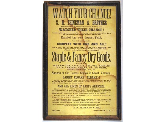 ANTIQUE FRAMED DRY GOODS ADVERTISING BROADSIDE FROM ROCHESTER, NEW HAMPSHIRE, 1863