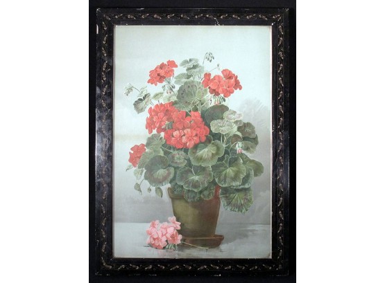 ANTIQUE CHROMOLITHOGRAPH OF POTTED GERANIUMS IN AESTHETIC-STYLE FRAME, CIRCA 1880s