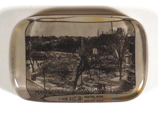 ANTIQUE PHOTOGRAPHIC GLASS PAPERWEIGHT OF AFTERMATH OF A FIRE IN HUDSON, MASS., 1894