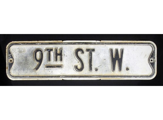 VINTAGE HEAVY PRESSED STEEL '9TH ST. W.' STREET SIGN, EARLY 20TH CENTURY
