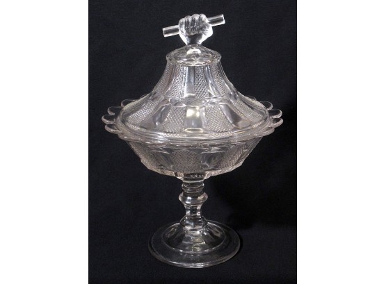 ANTIQUE EAPG 'FIST' COVERED COMPOTE BY O'HARA GLASS CO., CIRCA 1876