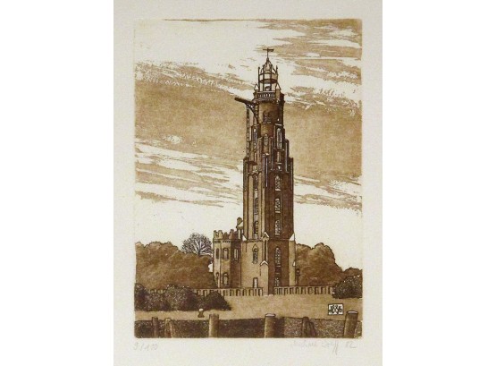 MICHAEL WOLFF (GERMAN, LATE 20TH CENTURY): BREMERHAVEN LIGHTHOUSE, ORIGINAL SIGNED ETCHING