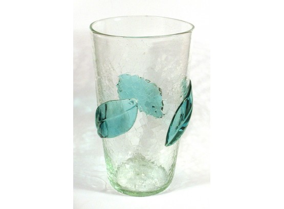 LARGE VINTAGE BLENKO CLEAR CRACKLE GLASS VASE WITH APPLIED LEAVES (NO. 366LL)