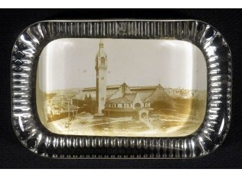 ANTIQUE PHOTOGRAPHIC GLASS PAPERWEIGHT OF THE OLD UNION STATION, WORCESTER, MASS., CIRCA 1900