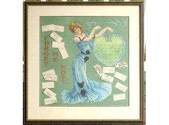 LARGE FRAMED ANTIQUE PICTORIAL TEXTILE OF A BEAUTIFUL WOMAN WITH INK INSCRIPTIONS, CIRCA 1907 - 09