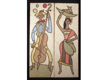 PAIR OF VINTAGE GRAVEL MOSAIC WALL PLAQUES DEPICTING A MAN AND WOMAN, CIRCA 1950s - 60s