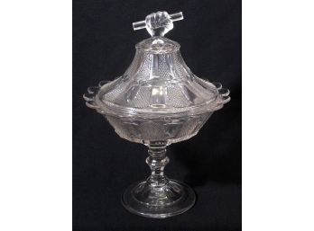 ANTIQUE EAPG 'FIST' COVERED COMPOTE BY O'HARA GLASS CO., CIRCA 1876
