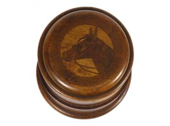VINTAGE FOLK ART WOOD TOBACCO JAR WITH INLAID MARQUETRY HORSE'S HEAD, CIRCA 1930s