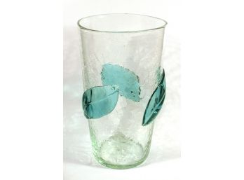 LARGE VINTAGE BLENKO CLEAR CRACKLE GLASS VASE WITH APPLIED LEAVES (NO. 366LL)
