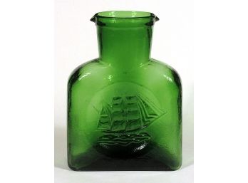 VINTAGE KANAWHA GREEN GLASS WATER BOTTLE/PITCHER WITH SAILING SHIP MOTIF, CIRCA 1960s
