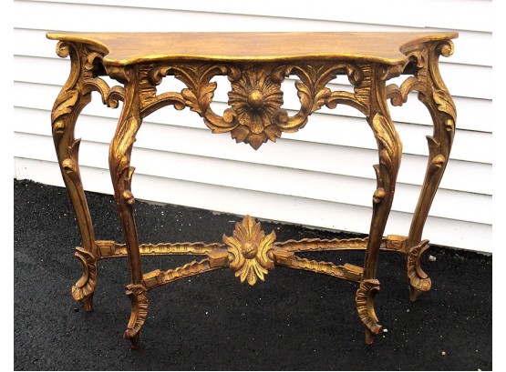 VINTAGE HEAVILY CARVED NEO-BAROQUE/HOLLYWOOD REGENCY GILTWOOD DEMILUNE CONSOLE TABLE