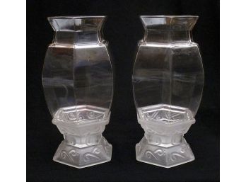 VINTAGE PAIR OF WEDDING/CATHAY CLEAR FROSTED GLASS HURRICANE LAMPS BY IMPERIAL, 1949 - 1962