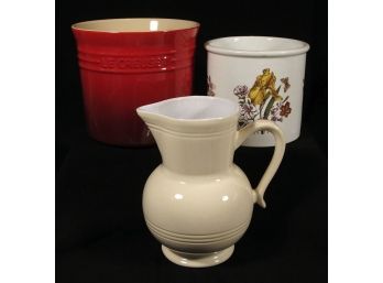 THREE KITCHEN CERAMICS, INCLUDING LE CREUSET AND BURLEIGH UTENSIL HOLDERS AND EMILE HENRY PITCHER