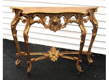 VINTAGE HEAVILY CARVED NEO-BAROQUE/HOLLYWOOD REGENCY GILTWOOD DEMILUNE CONSOLE TABLE