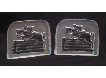 TWO STEEPLECHASE CAST GLASS BOOKENDS OR PAPERWEIGHTS BY TRE BOCKAR, SWEDEN, 1980s