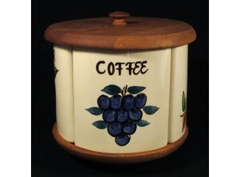 VINTAGE 'FRUIT' PURINTON CANISTER SET WITH WOODEN LAZY SUSAN STYLE HOLDER, 1940s - 1950s