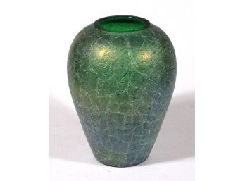 GREEN BLOWN GLASS VASE WITH CRACKLED IRIDESCENT FINISH