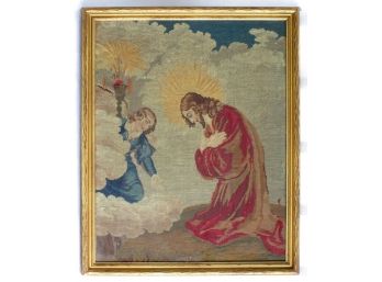 ANTIQUE FRAMED VICTORIAN CROSS STITCH OF CHRIST AND AN ANGEL, 19TH CENTURY