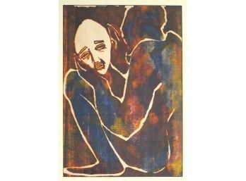 AMERICAN SCHOOL, MID-20TH CENTURY: 'SEATED MAN WITH MASK,' LARGE COLOR SILKSCREEN