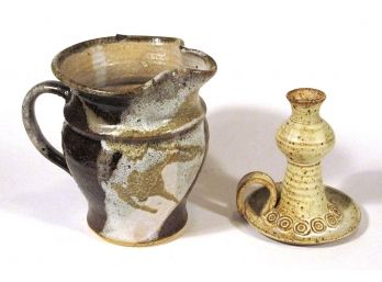 TWO VINTAGE AMERICAN STUDIO POTTERY OBJECTS, INCLUDING A MICHAEL WENDT PITCHER AND CANDLESTICK SIGNED BARBARA