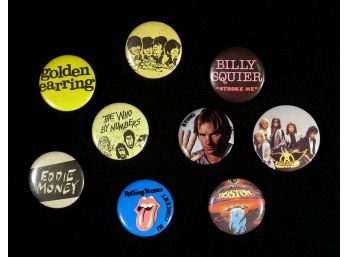 NINE VINTAGE PROMOTIONAL ROCK AND ROLL PINBACK BUTTONS, 1970s - 1980s