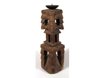 LARGE DECORATIVE WOODEN CANDLESTICK REPURPOSED FROM AN ANTIQUE INDIAN TABLE LEG