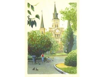 FRED RICHARDS (AMERICAN, 20TH C.): 'ST. LOUIS CATHEDRAL CHURCH, NEW ORLEANS,' GOUACHE ON ARTIST'S BOARD, 1983