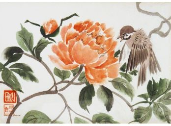 MARCIA BROWN (AMERICAN, 1918 - 2015): 'SPARROW AND PEONIES,' WATERCOLOR ON PAPER IN THE CHINESE STYLE