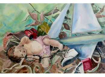RUTH STONE HYER (AMERICAN, MID-TO-LATE 20TH CENTURY): 'STILL LIFE WITH DOLL AND TOYS,' WATERCOLOR ON PAPER