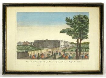 ANTIQUE HAND-COLORED COPPERPLATE ENGRAVING OF HAMPTON COURT PALACE, 1760s - 1770s