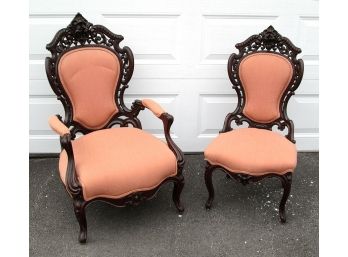 FINE PAIR OF HEAVILY CARVED VICTORIAN PARLOR CHAIRS IN THE MANNER OF BELTER OR MEEKS, 1850s
