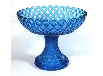 SCARCE VINTAGE COLONIAL BLUE LACY EDGE GLASS COMPOTE BY FENTON, CIRCA 1960s