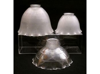 THREE DIFFERENT VINTAGE HOLOPHANE RIBBED GLASS LAMP SHADES, CIRCA 1920s