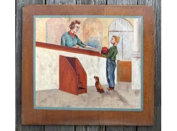 VINTAGE FOLK ART PAINTING ON WOOD OF A BOY AND HIS DOG IN A BANK, EARLY 20TH CENTURY