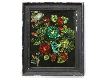 ANTIQUE VICTORIAN TINSEL PICTURE DEPICTING FLOWERS, BUTTERFLY, AND BIRD, 19TH CENTURY