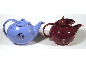 TWO VINTAGE TEAPOTS BY HALL, INCLUDING A MAROON 'WINDSHIELD' MODEL AND BLUE WITH HOOK-SECURED LID