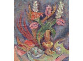 BENNETT (AMERICAN SCHOOL, MID-20TH CENTURY): 'STILL LIFE WITH FLOWERS AND EGGS,' LARGE OIL ON PRESSED BOARD