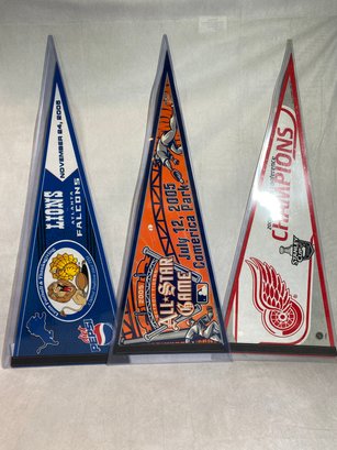3 Detroit Sports Pennants-Red Wings, Tigers, And Lions