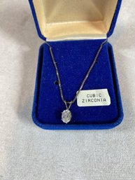 Sterling Silver Necklace With Cubic Zirconia Oval Pendant- 18'
