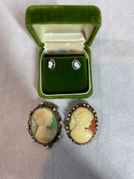 Cameo Earrings And 2 Cameo Pins