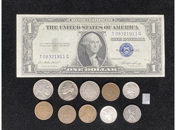 Silver Certificate Series 1935 E, Buffalo Nickel, V Nickel, Wheat Pennies, Etc.